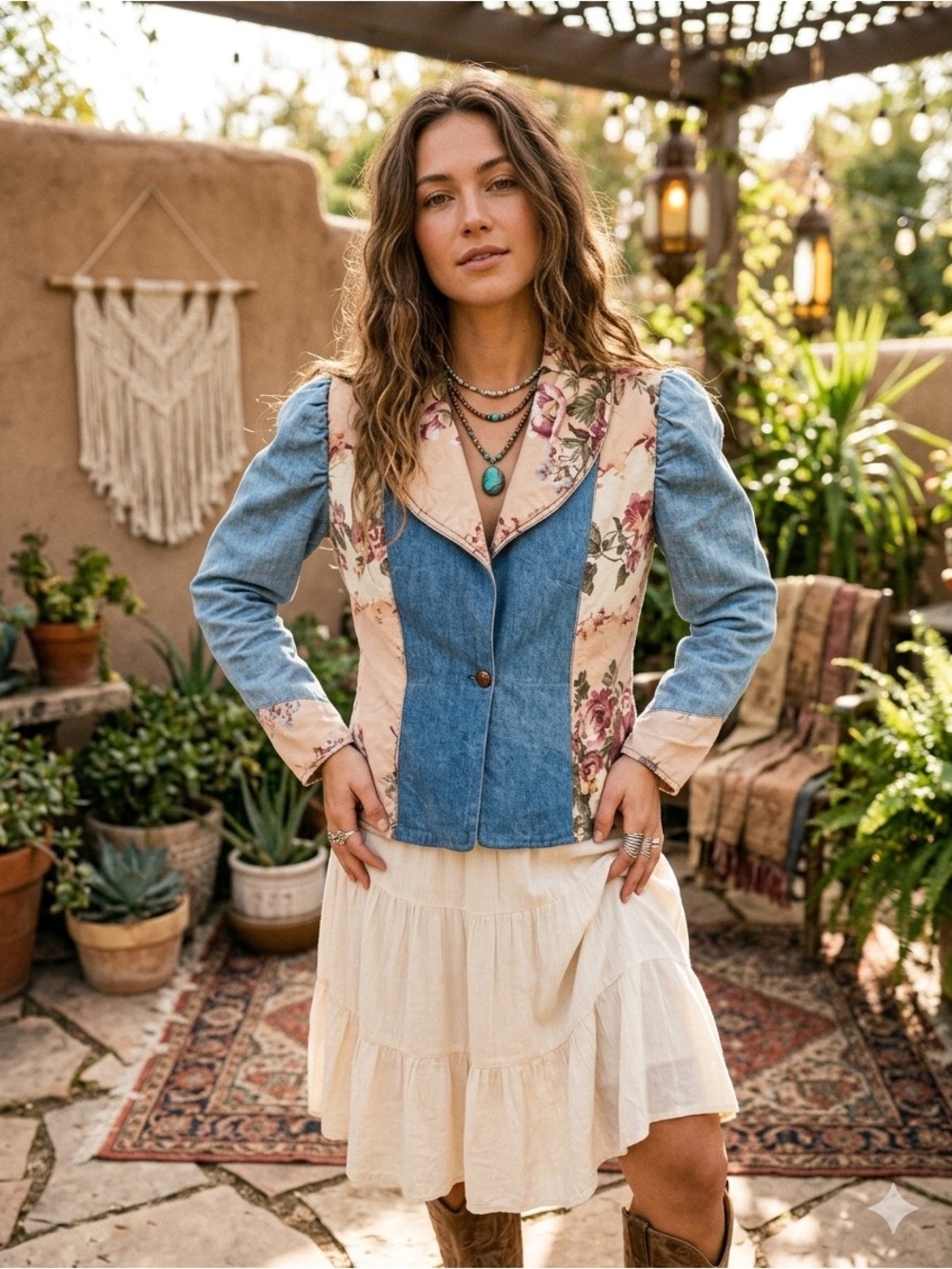 Floral Panel Mix Denim Jacket in Blue and Pink